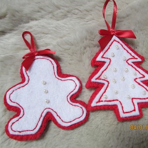10 Christmas tree felt ornaments red white Snowman Candy Cane Tree Star Bell Dove Gingerbread Cookie