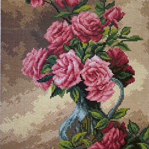 Gobelin needlepoint tapestry Canvas Only Orchidea 30x40cm pink roses in glass vase
