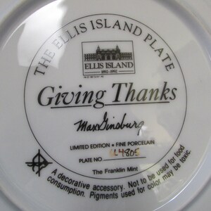 Vintage Collector Porcelain Plate Giving thanks Ellis Island plate image 3