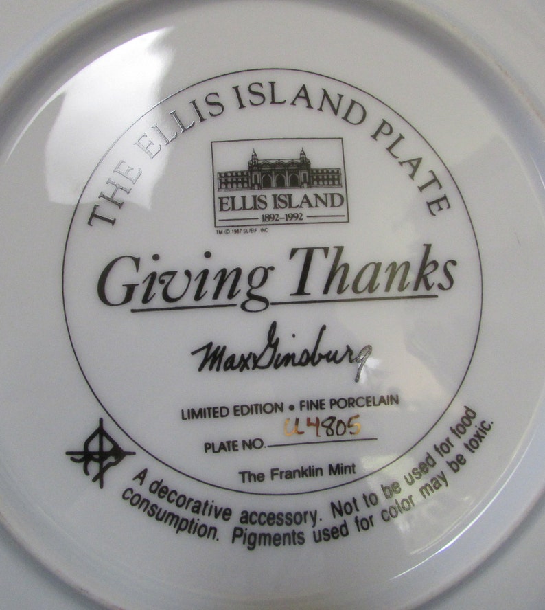 Vintage Collector Porcelain Plate Giving thanks Ellis Island plate image 3