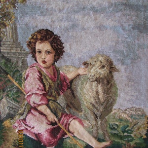 Completed vintage needlepoint gobelin canvas Shepherd boy Rare collection antique Portugal