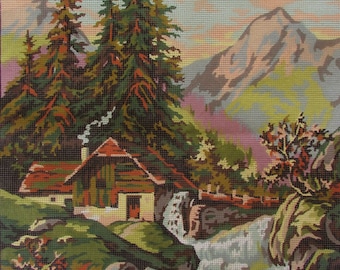 Vintage watermill at the river Printed Canvas Tapestry Embroidery Margot 640 Gobelin  Made in France