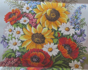 Vintage Sunflowers and Poppies Printed Rico Gobelin Canvas Tapestry Embroidery 59308