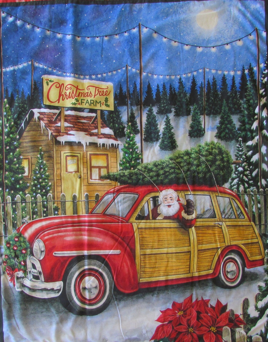 Christmas Santa Tree Farm Fabric Panel Quilts 33.5 X 41 Banner Flag