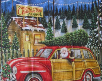 May include: A red vintage station wagon with wood paneling is loaded with a Christmas tree. Santa Claus is driving the car and waving from the window. The car is parked in front of a Christmas tree farm with a sign that reads "Christmas Tree Farm".