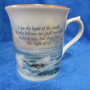 Vintage Lenox porcelain coffee mugs by Nicky Boehme Psalm 27_1, John 8_12 The light in the mist collection Set of two image 4