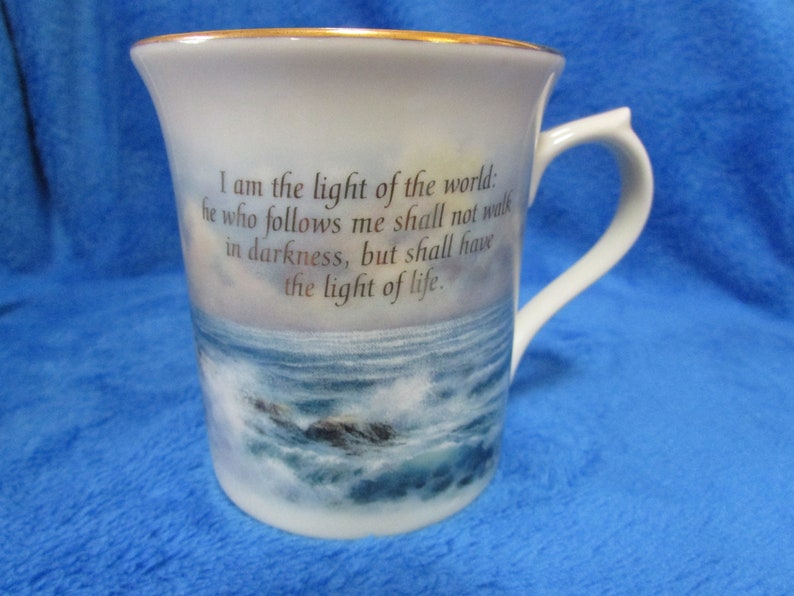 Vintage Lenox porcelain coffee mugs by Nicky Boehme Psalm 27_1, John 8_12 The light in the mist collection Set of two image 4