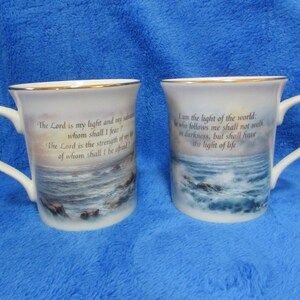 Vintage Lenox porcelain coffee mugs by Nicky Boehme Psalm 27_1, John 8_12 The light in the mist collection Set of two image 1