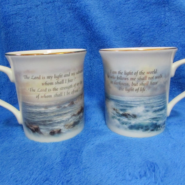 Vintage Lenox porcelain coffee mugs by Nicky Boehme - Psalm 27_1,  John 8_12 - The light in the mist collection - Set of two