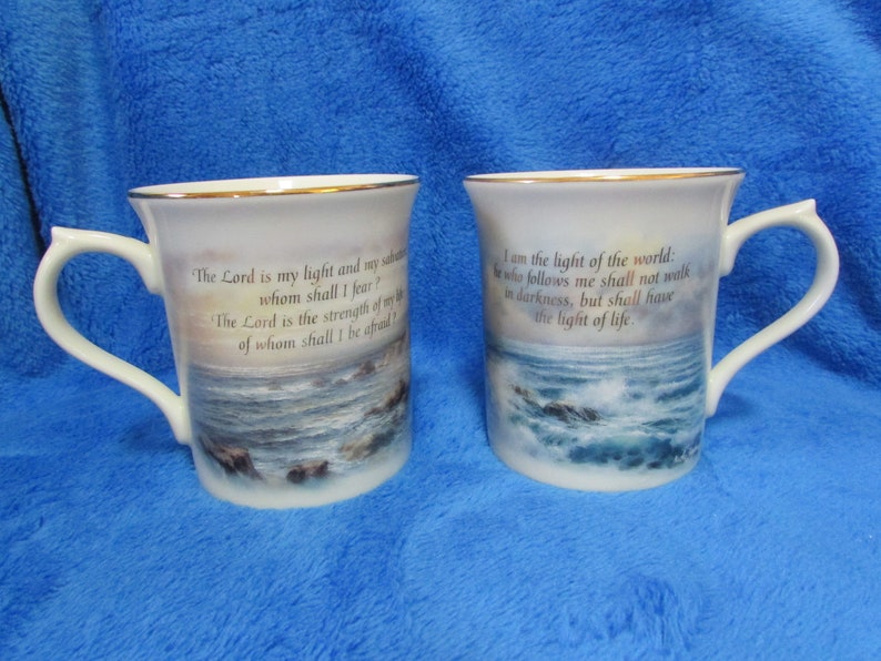 Vintage Lenox porcelain coffee mugs by Nicky Boehme Psalm 27_1, John 8_12 The light in the mist collection Set of two image 1