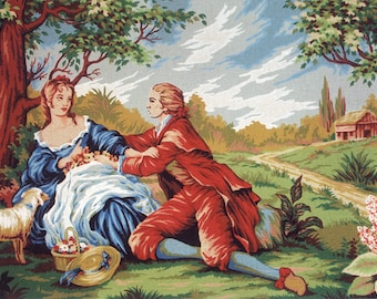 May include: A painting of a couple in a romantic setting. The woman is wearing a blue dress and holding a basket of flowers. The man is wearing a red jacket and is reaching out to the woman. They are sitting in a grassy field with a path leading to a small house in the background.