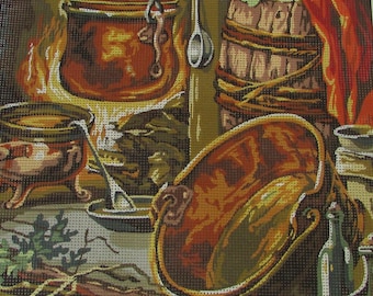 May include: A still life painting of a kitchen scene with copper pots, a wooden barrel, and a cabbage. The pots are on a stove with a fire underneath. There are also some herbs and spices in the scene.