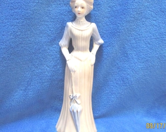 May include: A porcelain figurine of a woman in a white dress with blue accents, holding a blue and white umbrella. The figurine is standing on a blue surface.