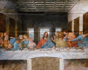 May include: A painting depicting the Last Supper, a famous scene from the Bible. The painting shows Jesus Christ and his 12 disciples seated at a long table, with a white tablecloth and a variety of food items. The painting is set in a room with a vaulted ceiling and a window in the background.