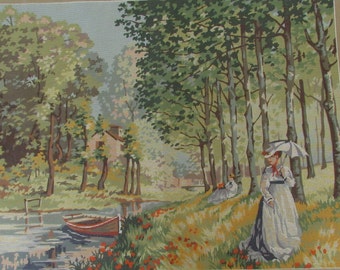 Vintage Sunday at the water's edge Impressionist Printed Gobelin Canvas for Tapestry Embroidery SEG Collection de Paris 981.130