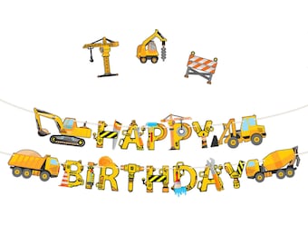 Construction Birthday Party Supplies Banner - Premium Pre-Assembled Happy Birthday Decoration with Dumb Truck Excavator Crane and more