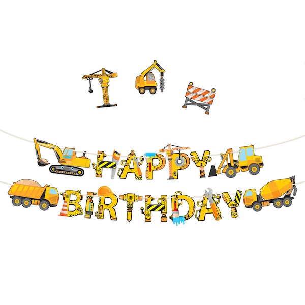 Baustellen Geburtstagsparty Zubehör Banner - Premium Vormontierte Happy Birthday Dekoration mit Dumb Truck Bagger Kran und mehr