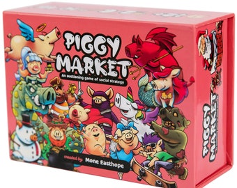 Könnte beinhalten: Rosa Spieleschachtel mit dem Titel "Piggy Market" mit einer Illustration von Comic-Schweinen auf der Vorderseite. Der Text auf der Schachtel lautet "Ein Auktionsspiel mit sozialer Strategie" und "erstellt von Mone Eastope".