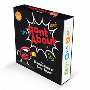 May include: A black box game called "Rant About" with a red cartoon mouth yelling into a megaphone. The box has a white background with colorful stars and the text "The Hilarious Game of Social Improv". The box also has information about the game, including the number of players, age range, and play time.