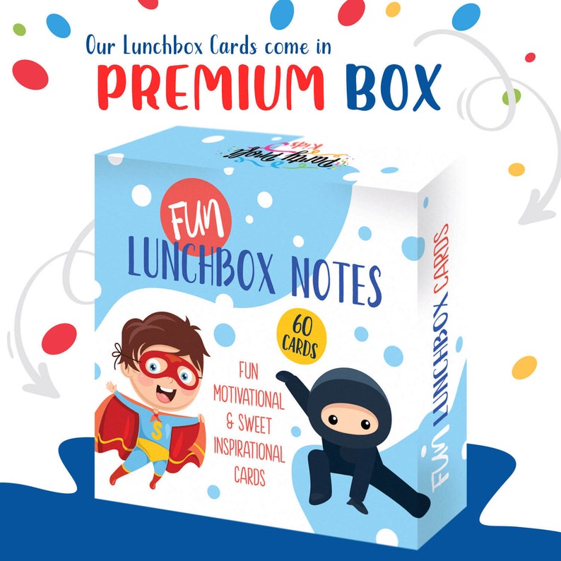 May include: A box of 60 fun, motivational, and sweet inspirational lunchbox notes. The box is blue and white with a cartoon superhero and ninja on the front. The text on the box reads "Fun Lunchbox Notes" and "60 Cards".