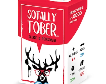 May include: A red box with the words "SOTALLY TOBER CLOSE & PERSONAL" on the front. The box features a cartoon deer wearing red glasses and a striped shirt. The box also includes information about the game, such as the number of players, ages, time, and cards.