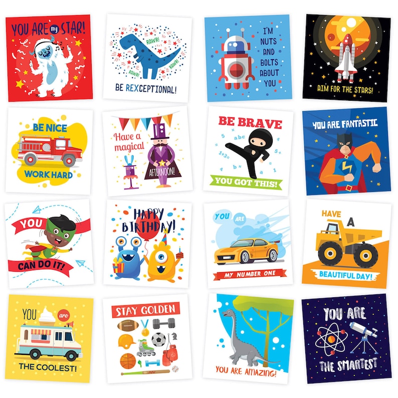 May include: A set of 16 colorful printable cards with encouraging messages for kids. Each card features a different illustration, such as a dinosaur, a rocket ship, a superhero, and a monster. The cards are perfect for motivating children and boosting their self-esteem.
