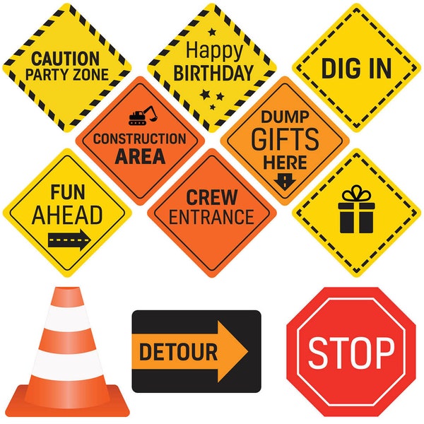Construction Birthday Party Supplies Signs - 12 Double Sided Medium Size Traffic Cutout Signs for Kids Birthdays and Bedroom Decorations