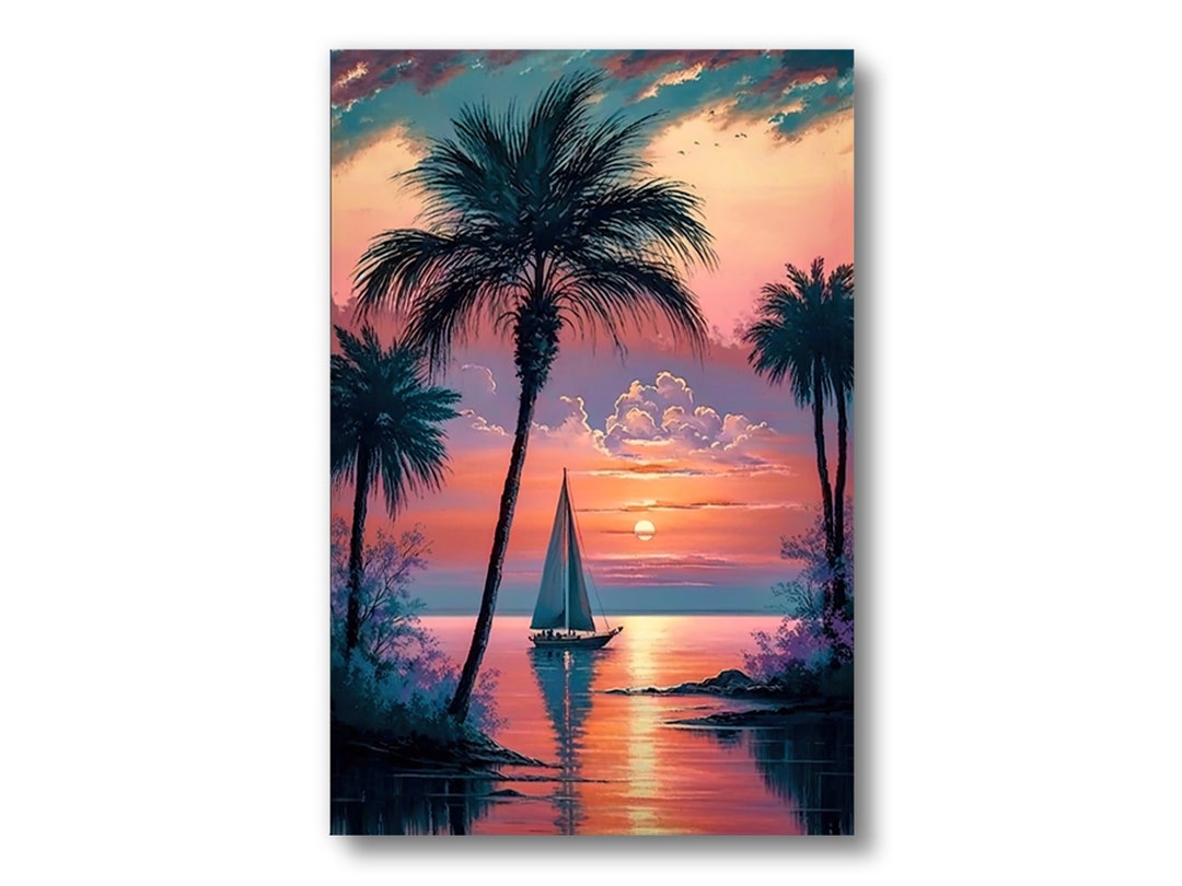 Beach Sunset and Sailboat Wall Art Original Painting Print on Canvas ...