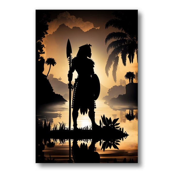 African Warrior Wall Art Original Painting Print on Canvas, Silhouette in Sunset Landscape, Home Décor Fine Art, Airbnb Interior Design-021