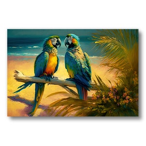 Couple of Parrots & Beach Wall Art Original Painting Print on Canvas, Tropical Vacation, Home Décor, Fine Art, Airbnb Interior Design-042