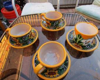 Set of Four Mexican Coffee Mugs and Saucers