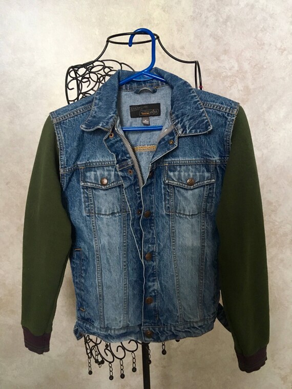 denim jacket with sweatshirt sleeves