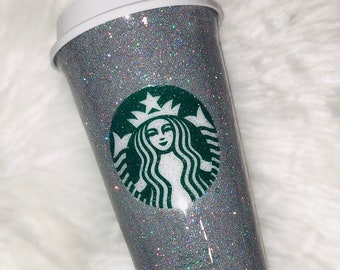 Glitter Starbucks Reusable Hot Cup - Silver Holo custom glitter- Rhinestone hot starbucks cup