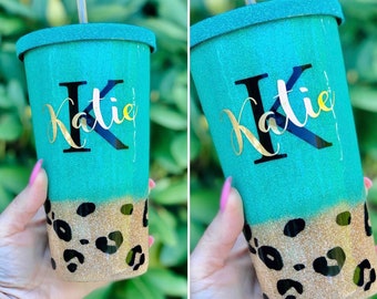 Green Gold Ombre Glitter Tumbler, Custom Epoxy Tumbler, Green Cheetah Cup,Glitter Mug,Custom glitter Travel Mug, Free shipping Tumbler