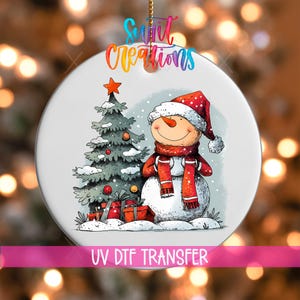 Snowman Under Tree UV DTF Ornament Decal | Cute Holiday Lights Wrap | Whimsical Winter UVDTF Decal | Festive Christmas Transfer | O-1288