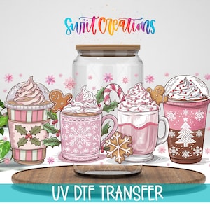 a collection of colorful and whimsical illustrations of hot beverages, including mugs and cups, along with festive decorations like gingerbread men and snowflakes. The text "Swift Creations" is written above the illustrations, and "UV Dtf Transfer" is written at the bottom of the image.