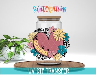 Calcomanía para taza "Abuela" UV DTF / Diseño de corazón de leopardo floral / UV1376