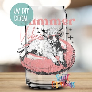Summer Vibes Uv Dtf 16oz Libbey Glass Cup Tumbler Wrap | Coffee Mug Transfer | Cow | Summer | Beach | Cow | Libbey Jar Wrap | UV926