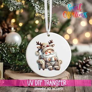 Cozy Santa Christmas UV DTF Ornament Decal | Santa on Chair Ornament Wrap | Reindeer Hat Christmas Transfer | Holiday UVDTF Decal | O-1113