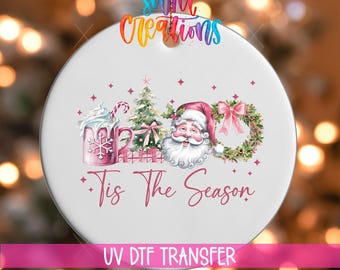 Weihnachtsschmuck-Aufkleber (UV-DTF) | Rosa Weihnachtsmann-Tassenkranz-Weihnachtsgeschenk | Niedlicher Weihnachts-Aufkleber (UV-DTF) | Festlicher Ornament-Transfer | O-1209