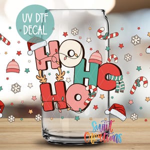 Ho Ho Ho Christmas Uv Dtf | 16oz Libbey Glass Cup Tumbler Wrap | Candy Cane Libby Wrap | Holiday Glass Jar Transfer | Mug Transfer | DTF098
