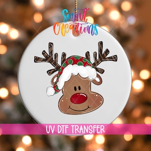 Reindeer Christmas UV DTF Ornament Decal | Holiday Antler Reindeer Transfer | Cute Red Nose Reindeer Design | O-1610