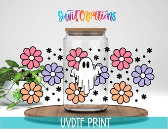 Diseño de vaso térmico con estampado floral de fantasmas y luz UV / Vinilo retro para latas de vidrio de Halloween / DTF031