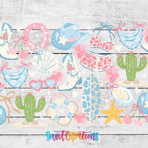 The image is a collage of various colorful and whimsical illustrations, including cowboy boots, cacti, hearts, stars, and other decorative elements, all set against a wooden background.