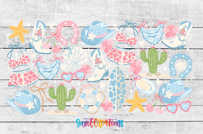 The image is a collage of various colorful and whimsical illustrations, including cowboy boots, cacti, hearts, stars, and other decorative elements, all set against a wooden background.