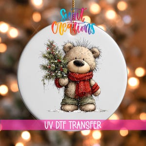 Christmas Teddy Bear UV DTF Ornament Transfer | Cute Bear With Pine Branch Winter Design | O-1811