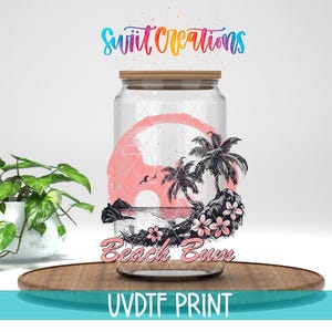 Transferencia para vaso de vidrio Libbey de 16 oz con diseño de puesta de sol en la playa UV DTF / Diseño para taza / Diseño Libby con vibraciones veraniegas vibrantes / Diseño UV DTF para amantes de la playa / UV940