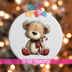 Christmas Teddy Bear UV DTF Ornament Transfer | Candy Cane Bear Holiday Design | O-1801