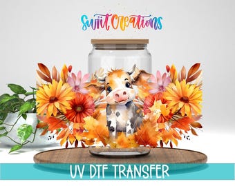 Autumn Fall Floral Cow Uv Dtf | 16oz Libbey Glass Tumbler Wrap | Cute Cow Floral Libby Wrap | Fall Uv Dtf Transfer | Mug Transfer | DTF153