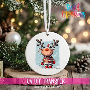 Reindeer Christmas UV DTF Ornament Decal | Cute Santa Winter Wrap | Blue Snowflake UVDTF Decal | Holiday Ornament Transfer | O-1256